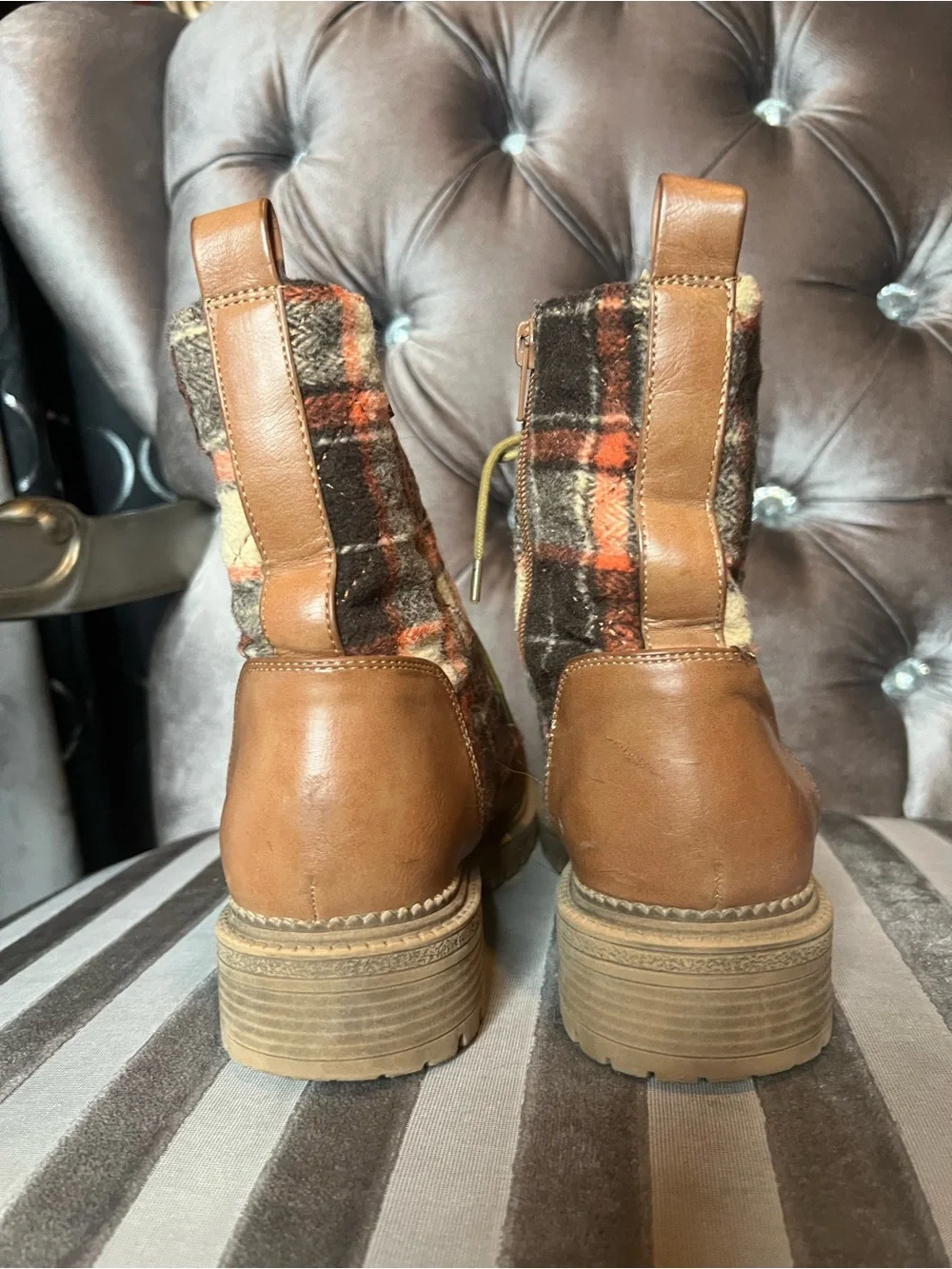 Rock & Candy Plaid Quilted Combat Boots Women's Size 8.5 ✨ Tan & Brown 💖